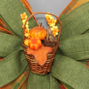 Fall Pumpkin Basket Fieldstitch Plaid Wreath Bow