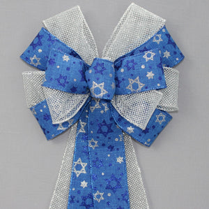 Star of David Blue Silver Mesh Hanukkah Wreath Bow