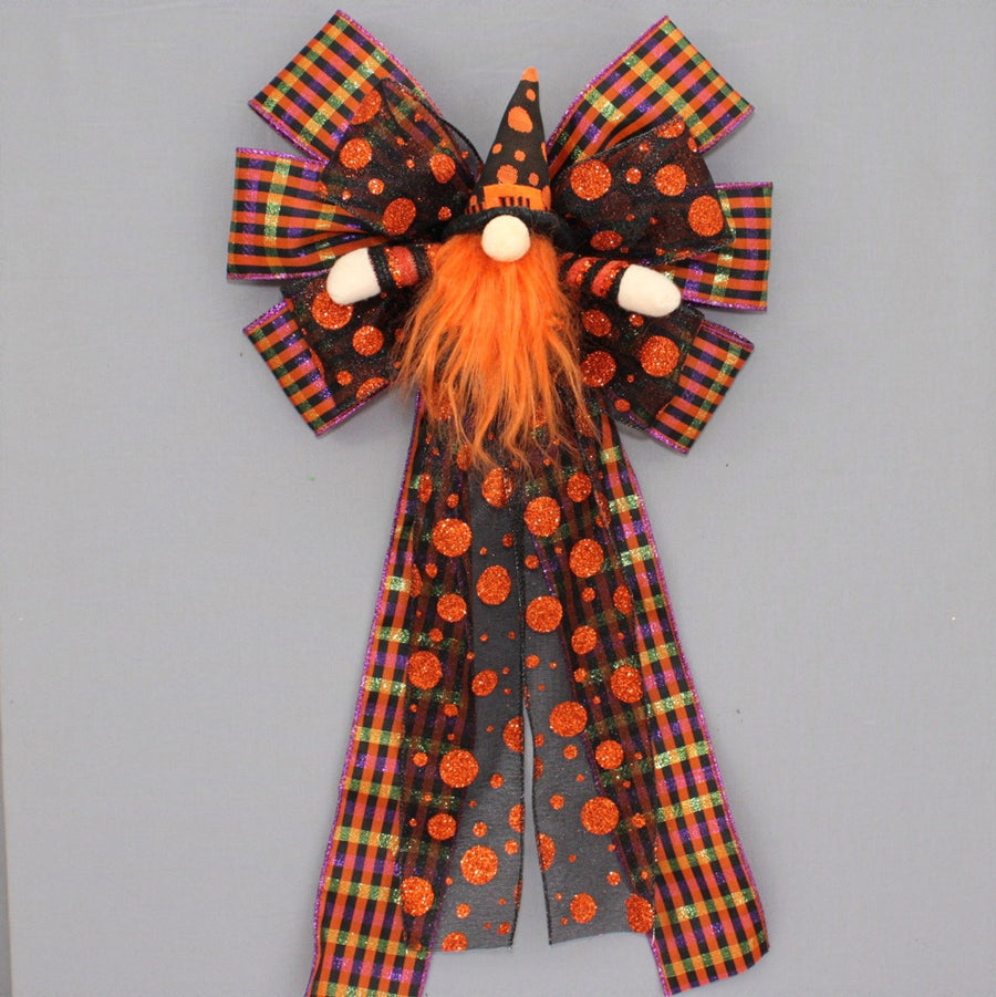 Orange Gnome Metallic Plaid Halloween Wreath Bow