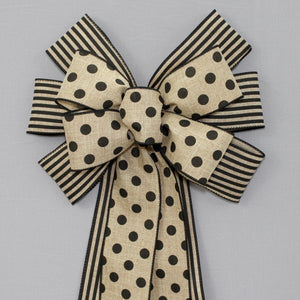 Black Polka Dot Natural Stripe Wreath Bow