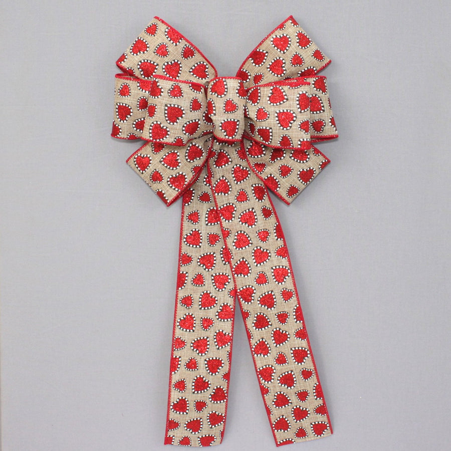 Stripe Edge Sparkle Hearts Natural Rustic Valentine&#39;s Day Bow - Valentine&#39;s Day Wreath Bow, Valentine&#39;s Day Gift Bow