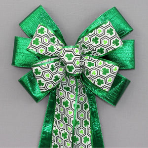 Hexagon Sparkle Shamrock Metallic St. Patrick&#39;s Day Wreath Bow  - St. Patrick&#39;s Wreath Bow, Party Decorations, Wreath Bows