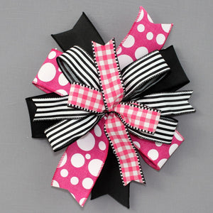 Hot Pink Dot Gingham Stripe Wreath Bow - 7 Color Options, Hot Pink Wreath Bow, Black Wreath Bow, Spring Wreath Bow, Summer Wreath Bow