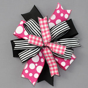 Pink Dot Gingham Stripe Wreath Bow - 7 Color Options, Pink Wreath Bow, Black Wreath Bow, Spring Wreath Bow, Summer Wreath Bow