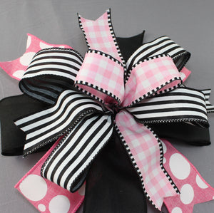 Pink Dot Gingham Stripe Wreath Bow - 7 Color Options, Pink Wreath Bow, Black Wreath Bow, Spring Wreath Bow, Summer Wreath Bow
