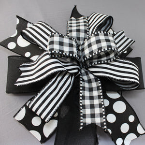 Black Dot Gingham Stripe Wreath Bow - 7 Color Options, Black Wreath Bow, Spring Wreath Bow, Summer Wreath Bow