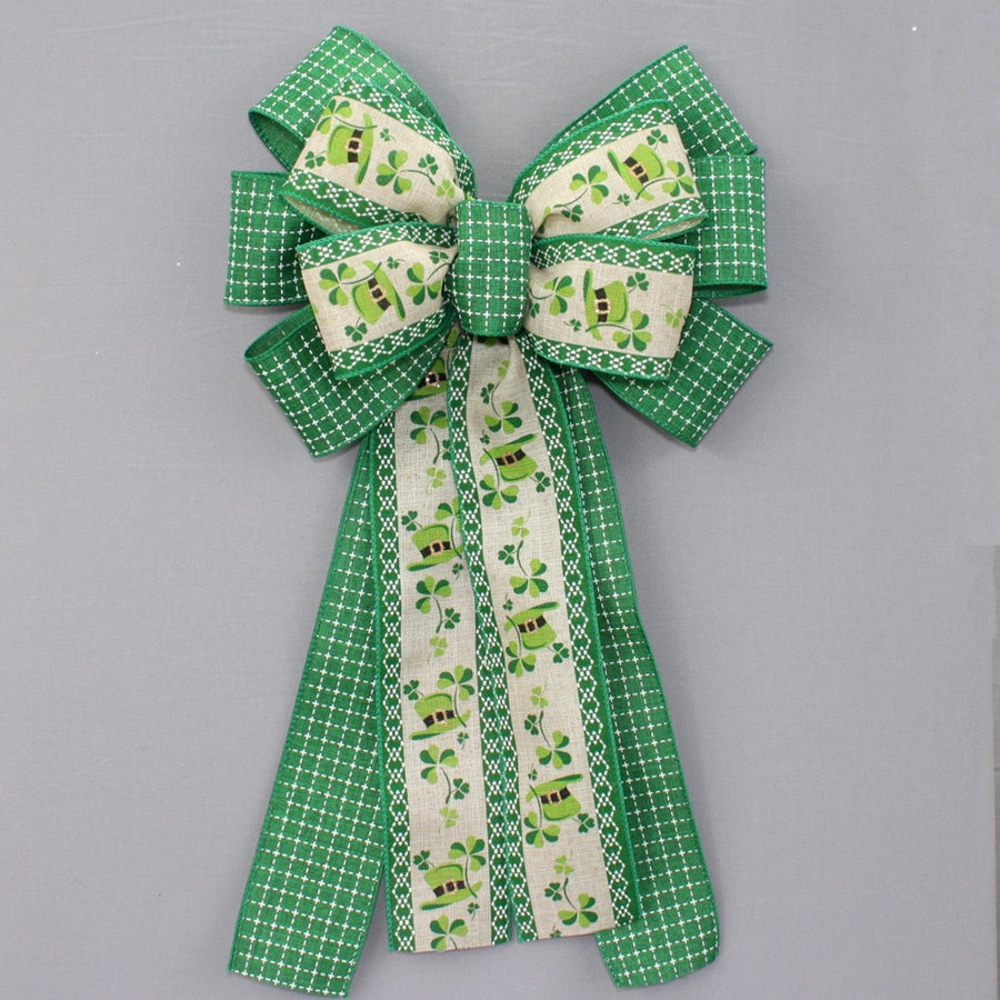 Natural Top Hat Shamrocks St. Patrick&#39;s Day Wreath Bow  - St. Patrick&#39;s Wreath Bow, Party Decorations, Wreath Bows