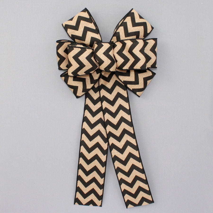 Black Natural Chevron Burlap Wreath Bow - Chevron Wreath Bow, Fall Burlap Bow, Spring Burlap Wreath Bow