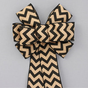 Black Natural Chevron Burlap Wreath Bow - Chevron Wreath Bow, Fall Burlap Bow, Spring Burlap Wreath Bow