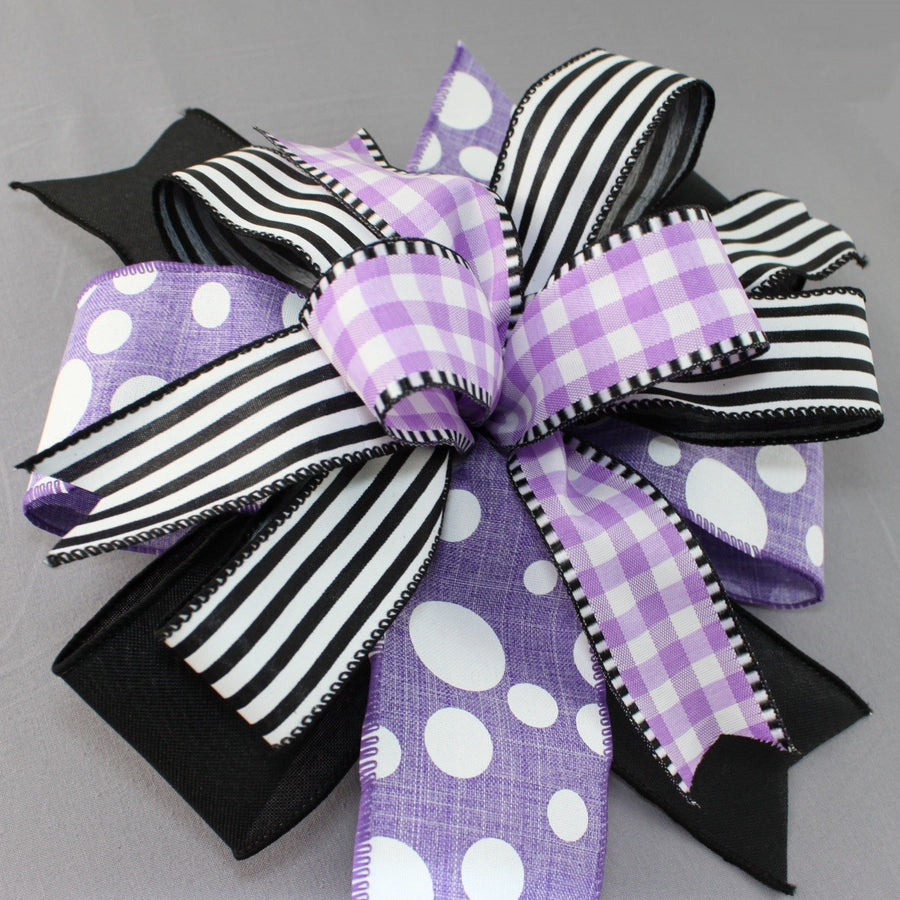 Lavender Dot Gingham Stripe Wreath Bow - 7 Color Options, Lavender Wreath Bow, Black Wreath Bow, Spring Wreath Bow, Summer Wreath Bow