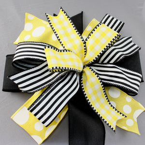Yellow Dot Gingham Stripe Wreath Bow - 7 Color Options, Yellow Wreath Bow, Black Wreath Bow, Spring Wreath Bow, Summer Wreath Bow