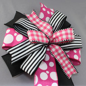 Hot Pink Dot Gingham Stripe Wreath Bow - 7 Color Options, Hot Pink Wreath Bow, Black Wreath Bow, Spring Wreath Bow, Summer Wreath Bow