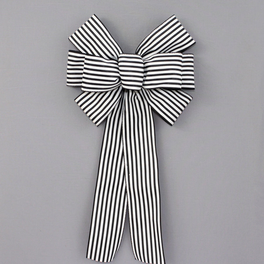 Black White Cabana Stripe Wreath Bow - Easter Wreath Bow, Spring Rustic Bow, Fall Wreath Bow, Wreath Bows