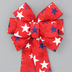Red Patriotic Metallic Stars Rustic Wreath Bow - July 4th Decorations, Patriotic Wreath Bow, Front Door Decorations