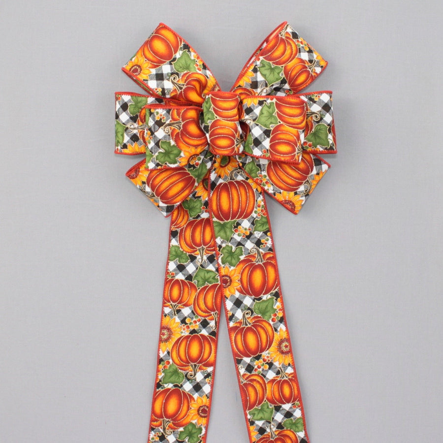 Black Diagonal Plaid Pumpkin Sunflower Fall Wreath Bow 