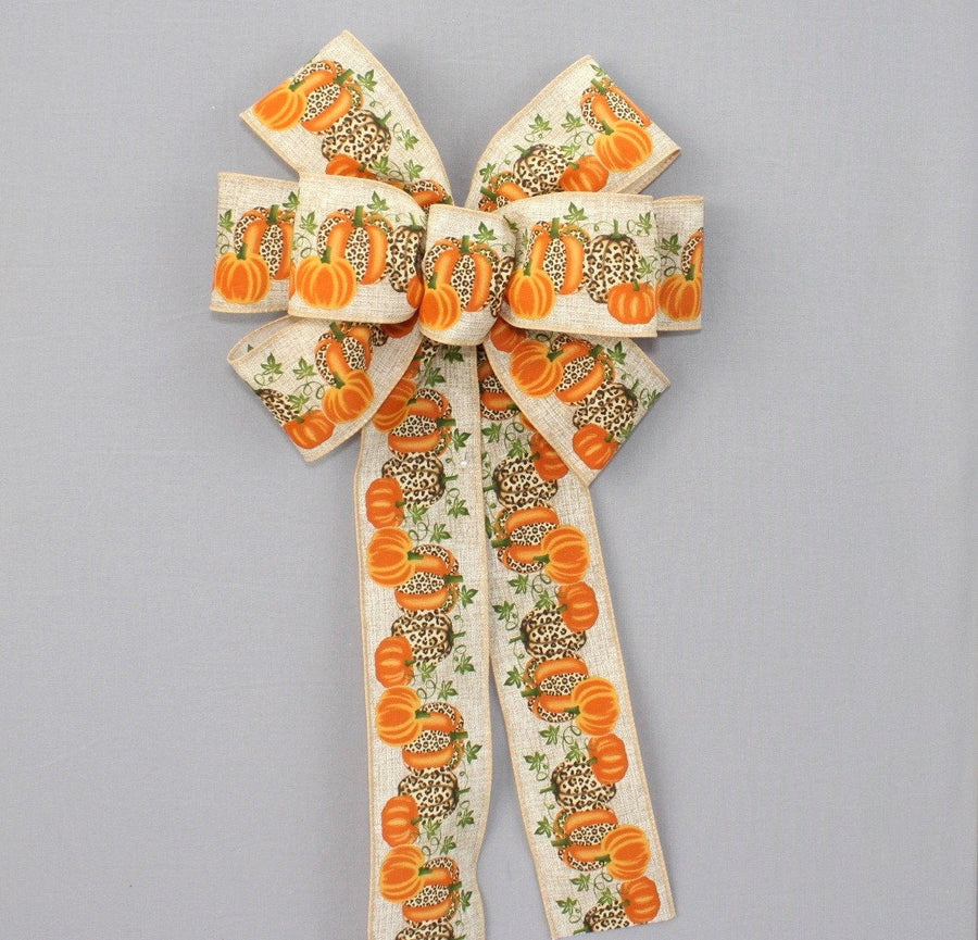 Orange Leopard Pumpkins Fall Wreath Bow 