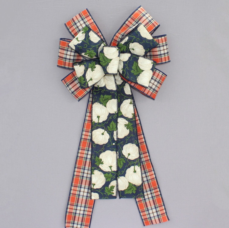 Navy Blue Ivory Pumpkins Fall Plaid Wreath Bow 