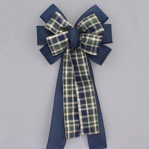 Navy Moss Green Metallic Plaid Wreath Bow 