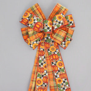 Pumpkin Sunflower Metallic Plaid Fall Wreath Bow 