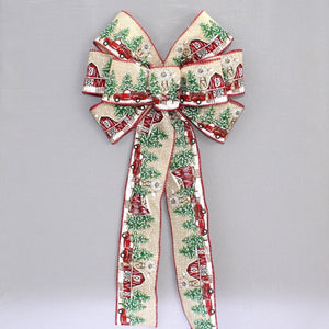 Snowy Red Barn Red Truck Rustic Christmas Wreath Bow  