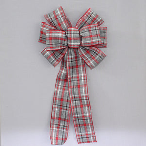 Red Gray Black Woven Plaid Christmas Wreath Bow 