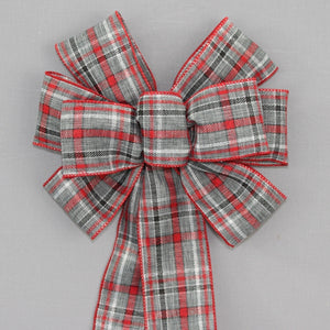 Red Gray Black Woven Plaid Christmas Wreath Bow 