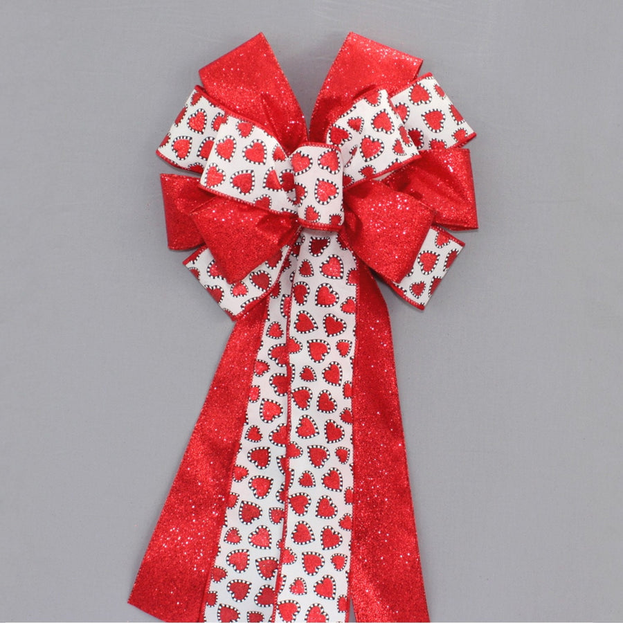 Red Sparkle Hearts White Valentine's Day Bow 