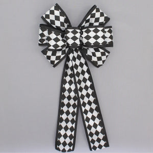 Black White Harlequin Stripe Wreath Bow 