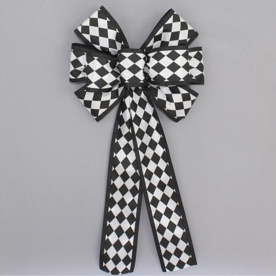 Black White Harlequin Stripe Wreath Bow 