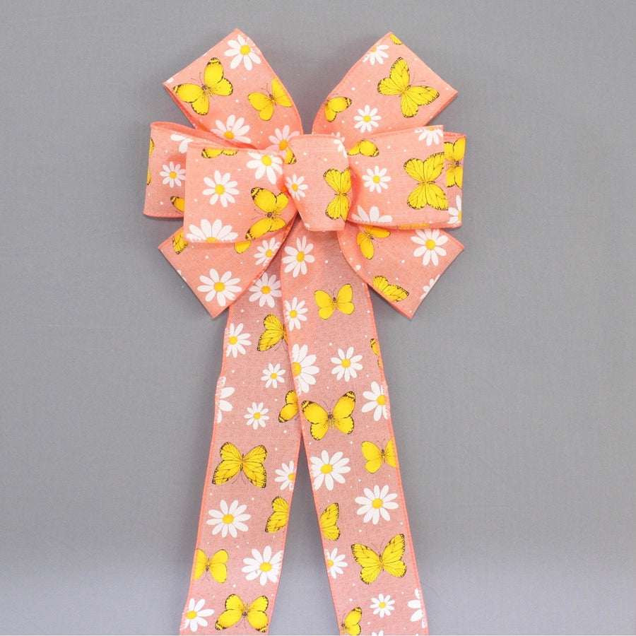 Light Coral Daisy Butterfly Spring Wreath Bow 