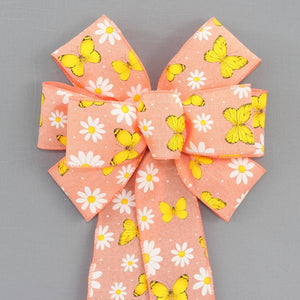 Light Coral Daisy Butterfly Spring Wreath Bow 