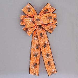 Orange Black  Spiders Halloween Wreath Bow 