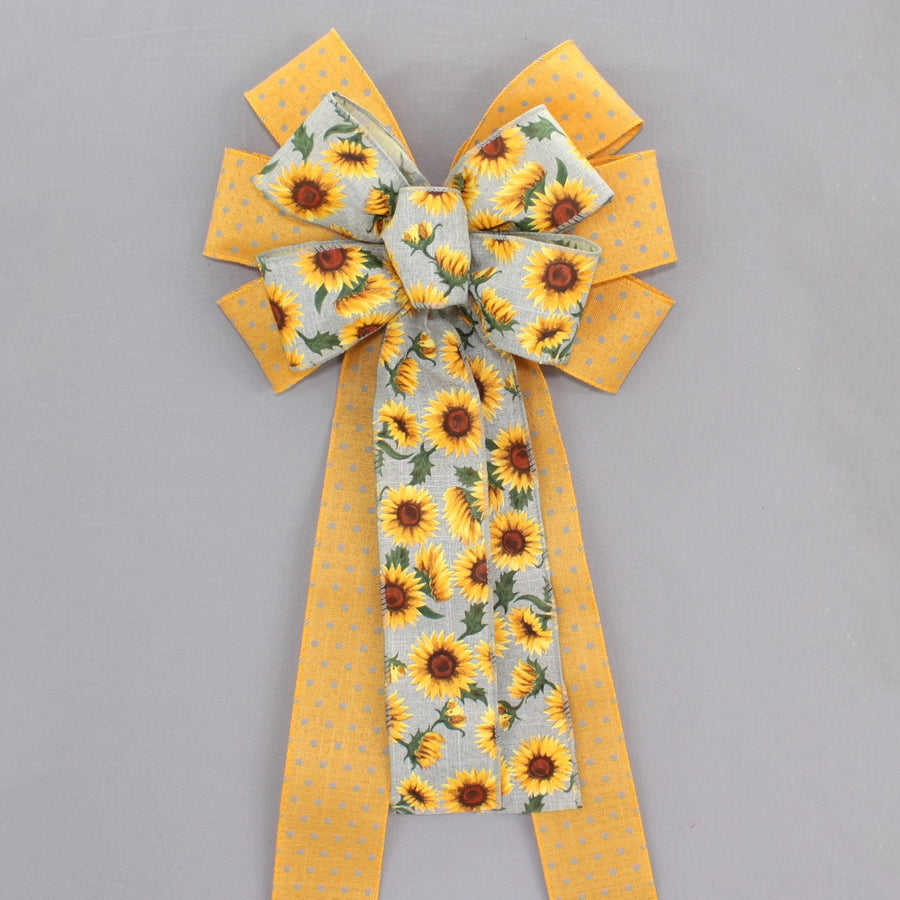 Vibrant Sunflower Yellow Gray Dot Fall Wreath Bow 