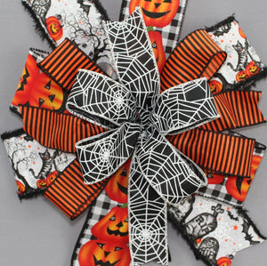 Halloween Graveyard Spider Web  Pumpkin Wreath Bow 