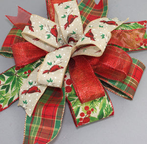 Christmas Cardinal Holly Berry Plaid Wreath Bow 