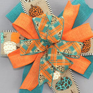 Teal Leopard Pumpkin Orange Fall Wreath Bow 