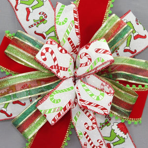 Festive Elf Candy Cane Christmas Wreath Bow 