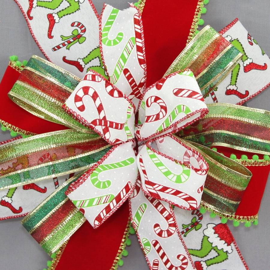 Festive Elf Candy Cane Christmas Wreath Bow 