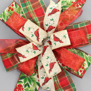 Christmas Cardinal Holly Berry Plaid Wreath Bow 