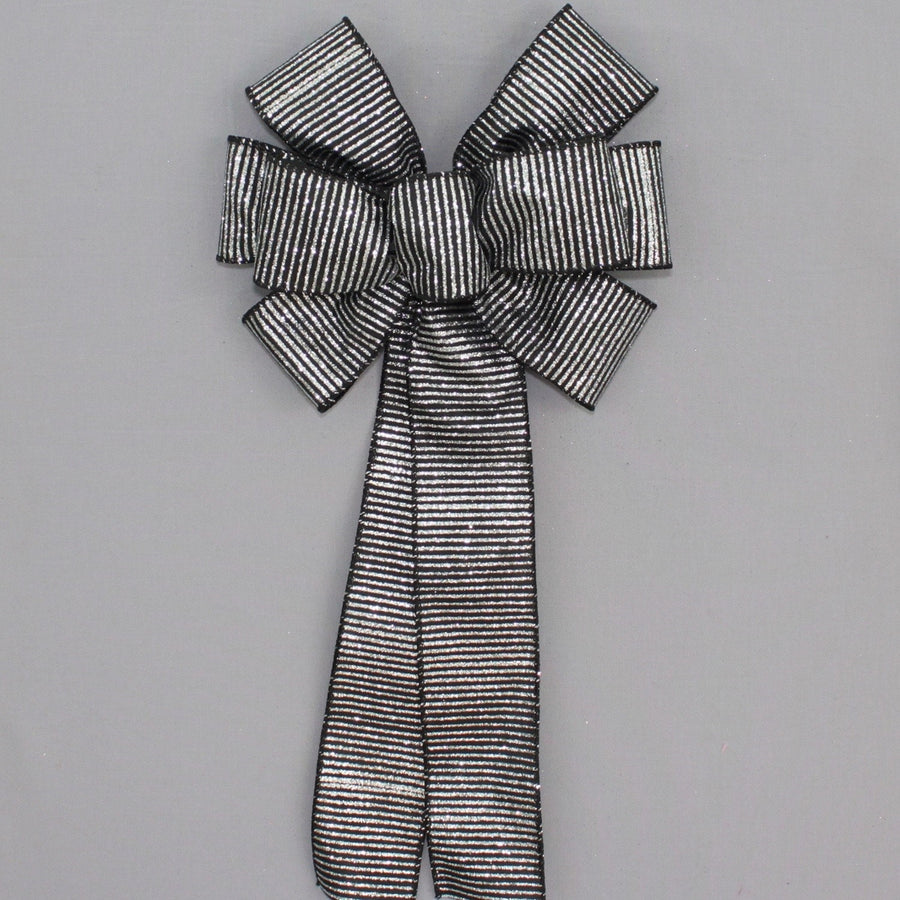Silver Sparkle Stripe Black Halloween Wreath Bow 