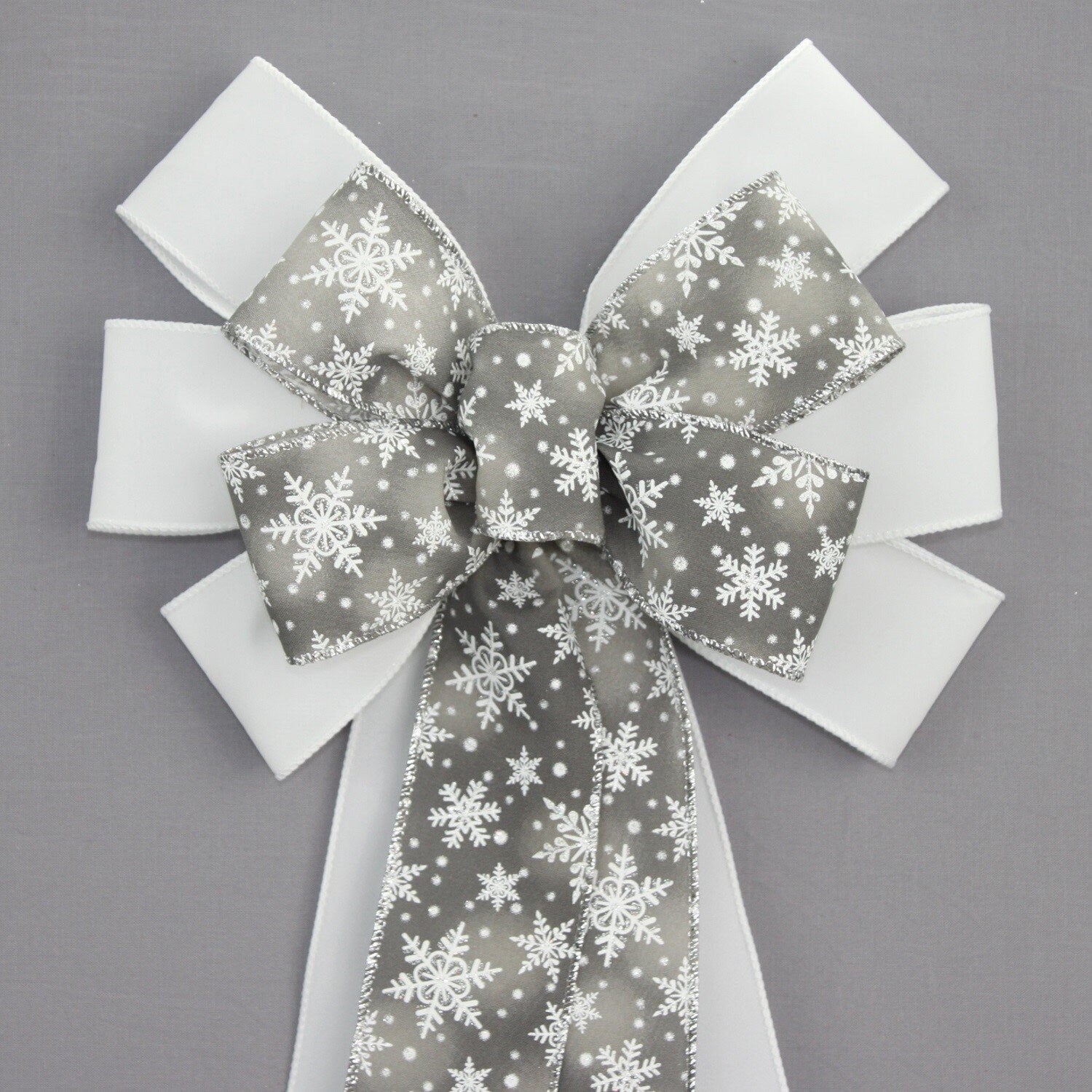 Gray Ombre Snowflake White Velvet Christmas Wreath Bow - Package Perfect  Bows