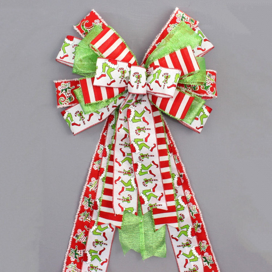 15" Festive Elf Legs Candy Cane Christmas Wreath Bow 
