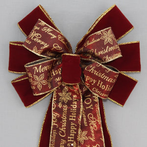 Burgundy Velvet Holiday Script Christmas Wreath Bow 