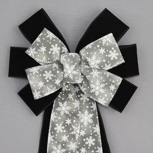 Gray Ombre Snowflake Black Velvet Christmas Wreath Bow 