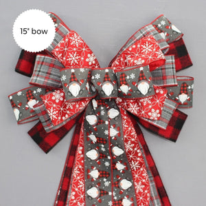 15" Gray Gnomes Plaid Snowflake Christmas Wreath Bow 
