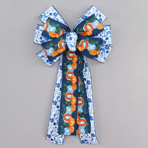 Blue Toile Pumpkins Fall Wreath Bow - Fall Plaid Bow, Fall Wreath Bow, Blue Fall Bow, Wreath Bow