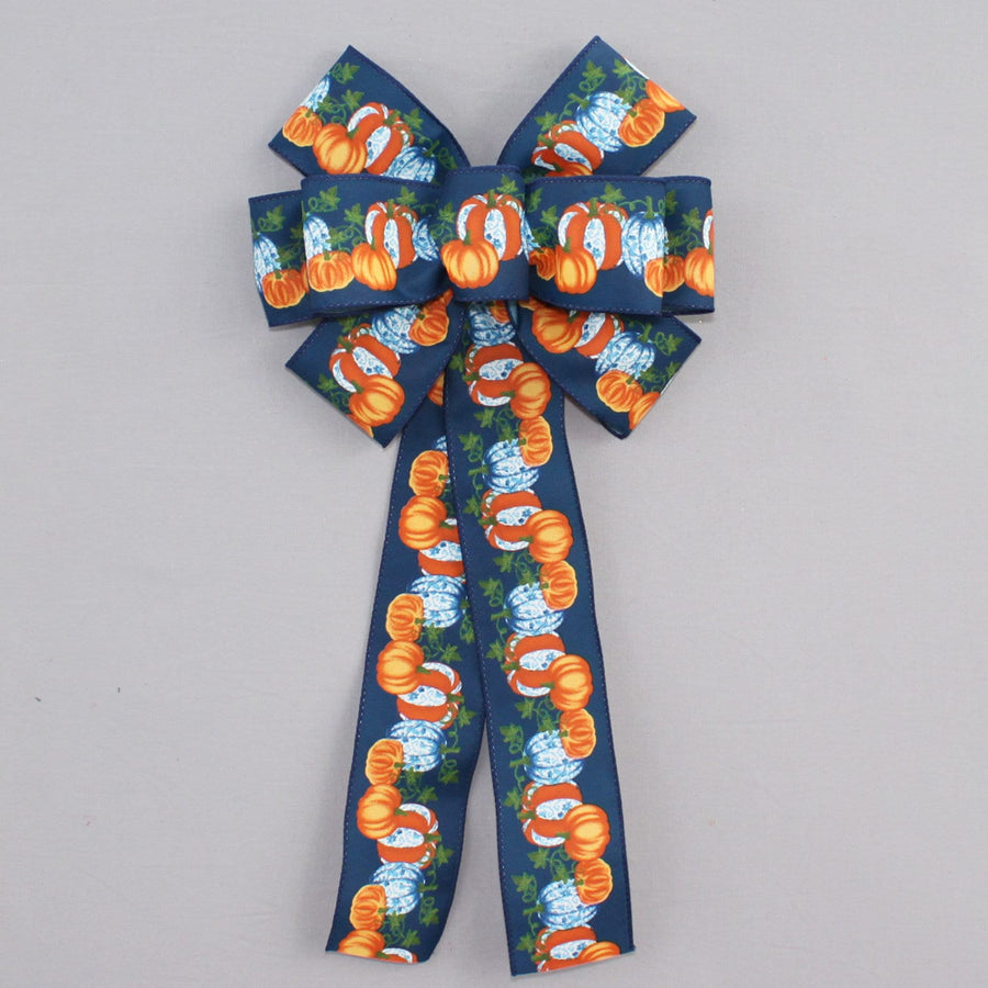 Blue Fall Toile Pumpkins Wreath Bow - Fall Decorations, Thanksgiving Decorations, Available in 2 sizes