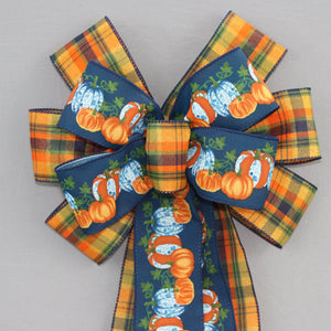 Blue Toile Pumpkins Plaid Fall Wreath Bow - Fall Plaid Bow, Fall Wreath Bow, Blue Fall Bow, Wreath Bow