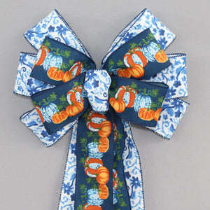 Blue Toile Pumpkins Fall Wreath Bow - Fall Plaid Bow, Fall Wreath Bow, Blue Fall Bow, Wreath Bow