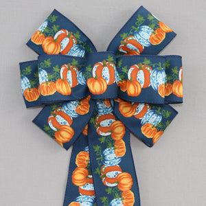 Blue Fall Toile Pumpkins Wreath Bow - Fall Decorations, Thanksgiving Decorations, Available in 2 sizes